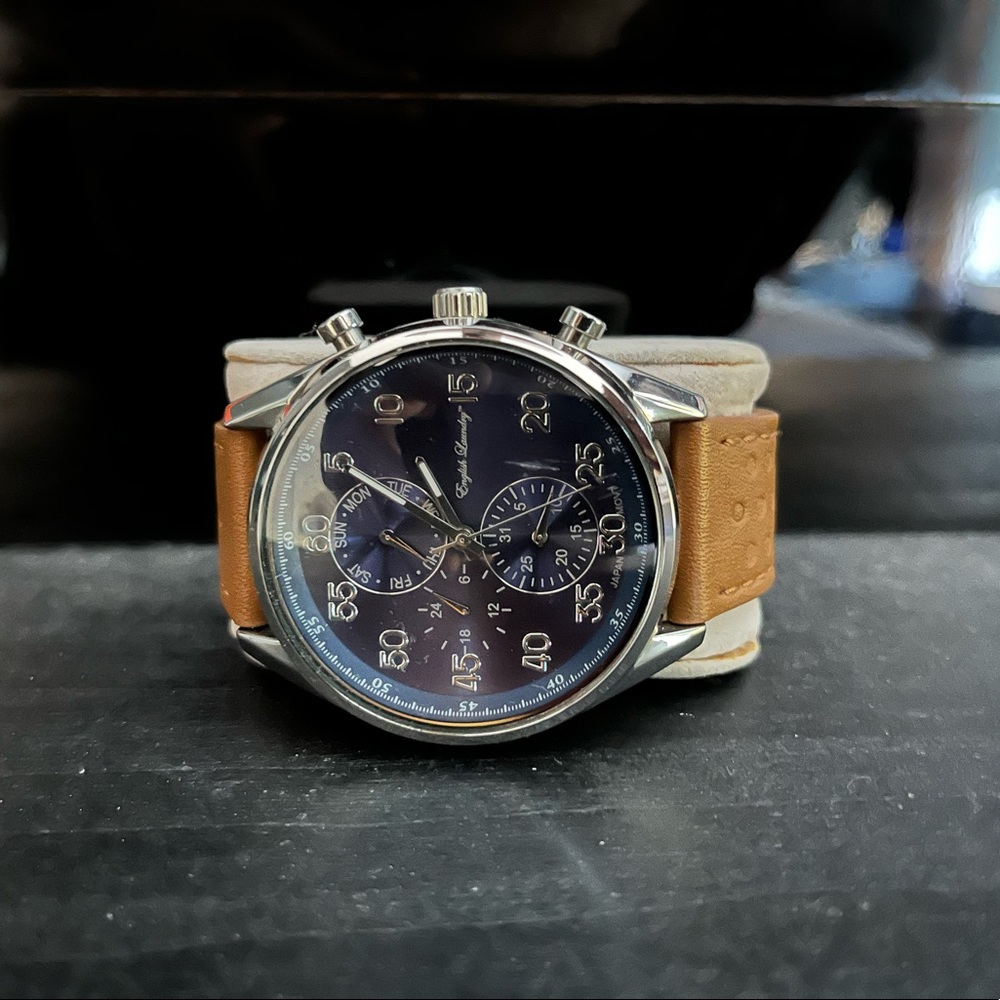 Blue Face English Laundry Watch.Brown Leather Band. Date/Day Dials. Lightly Used